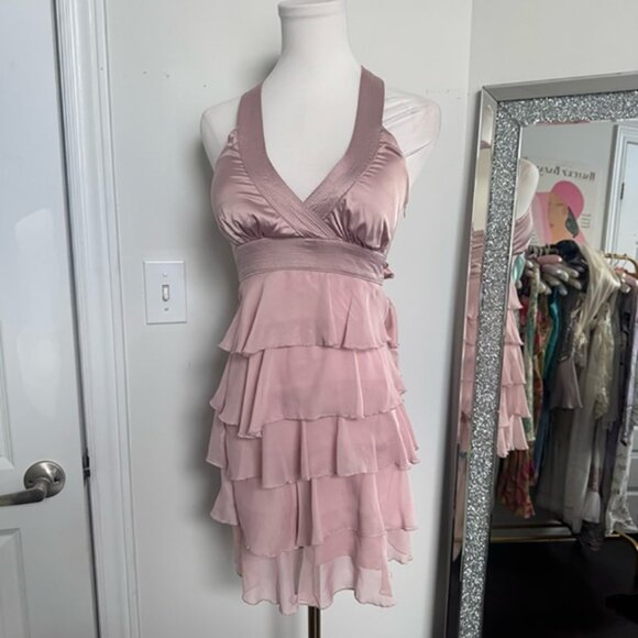 Y2K ballet Pink Halter Dress ruffled coquette Fairycore S luxury prairie western - Picture 2 of 6